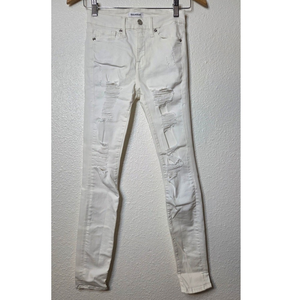 Good American White Distressed Skinny Jeans High Rise Clean Girl Edge